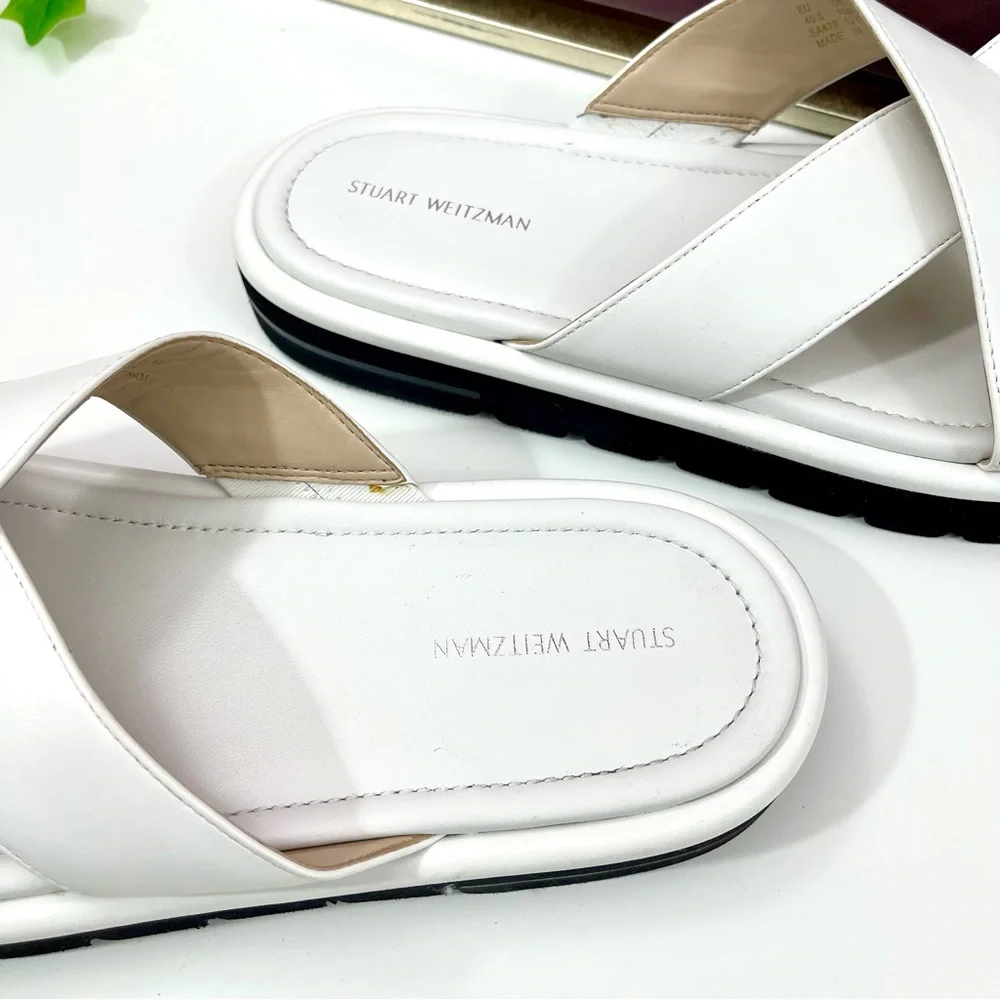 Stuart Weitzman Elodie Leather Slide Sandal in White‎ Size 10 B